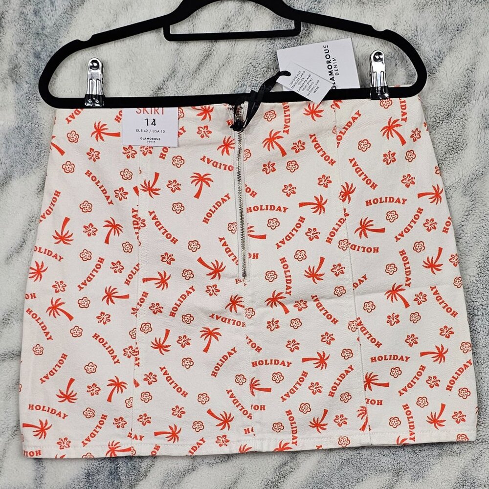 Glamorous Denim US Sz 10 Medium Holiday Print White Denim High Waist Mini Skirt - Picture 3 of 10